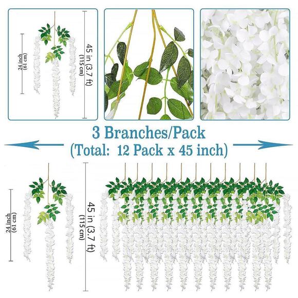 12Pack 45 inch 3.7ft Wisteria Hanging Artificial Flowers Bushy Silk Vine Garland - Picture 2 of 6